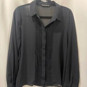 Zara - Pleated Front Sheer Blouse Black